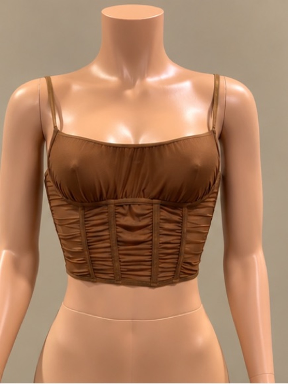 House of CB Cocoa Brown Ruched Mesh Corset Crop Top Boned Cami Small
